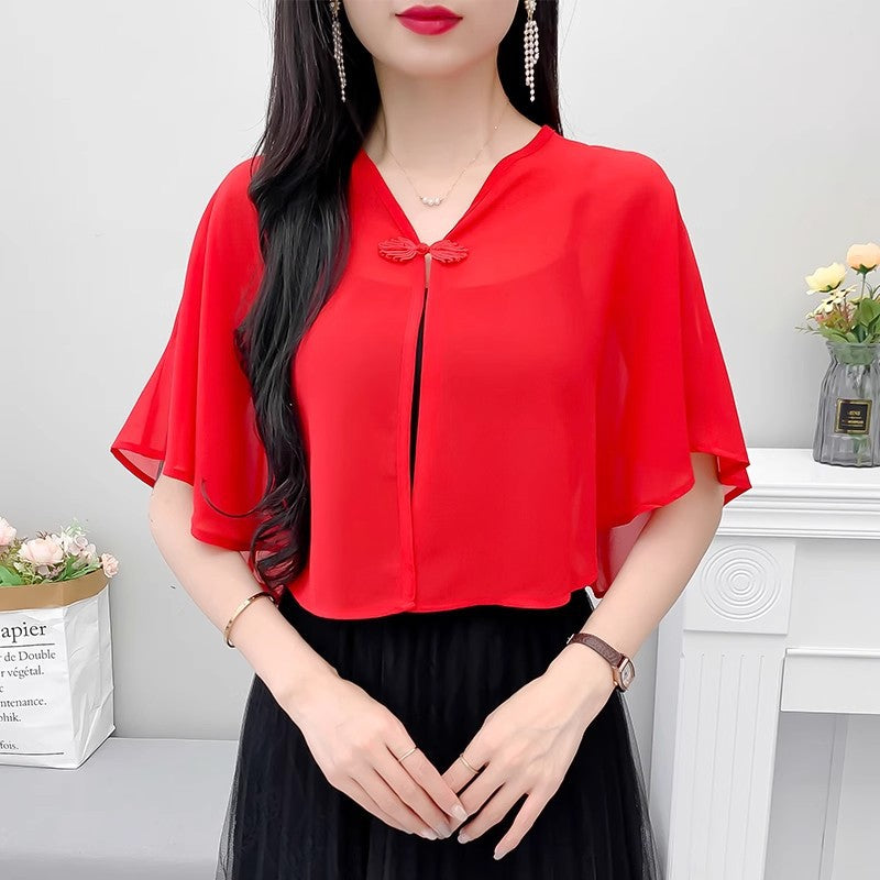 Thin Small Shawl Summer Dress with Sling Skirt Air-conditioning Shirt Women's Cardigan Outer Chiffon Ethnic Style Silver Buckle Small Coat – Ansicht 9