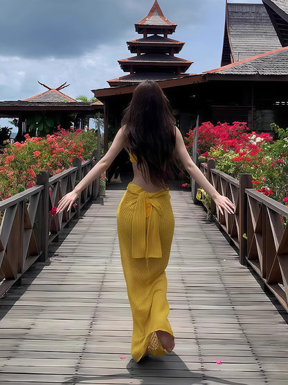 Bikini Swimsuit Women's 2025 New Thai Beautiful Yellow Split Three-piece Sexy Long Dress Island Holiday Style – Ansicht 3