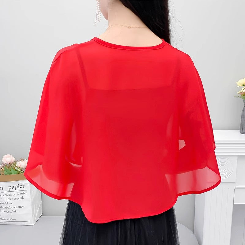 Thin Small Shawl Summer Dress with Sling Skirt Air-conditioning Shirt Women's Cardigan Outer Chiffon Ethnic Style Silver Buckle Small Coat – Ansicht 3