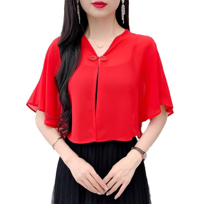 Thin Small Shawl Summer Dress with Sling Skirt Air-conditioning Shirt Women's Cardigan Outer Chiffon Ethnic Style Silver Buckle Small Coat – Ansicht 4