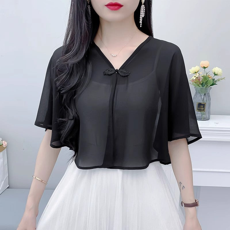 Thin Small Shawl Summer Dress with Sling Skirt Air-conditioning Shirt Women's Cardigan Outer Chiffon Ethnic Style Silver Buckle Small Coat – Ansicht 8