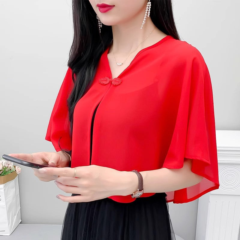 Thin Small Shawl Summer Dress with Sling Skirt Air-conditioning Shirt Women's Cardigan Outer Chiffon Ethnic Style Silver Buckle Small Coat – Ansicht 2