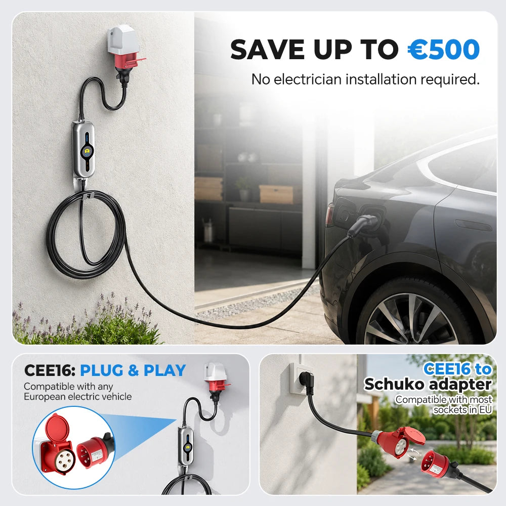 THUNOR Boost Mobile Wallbox EV Charger 11kW 16A Three-Phase IP66 with CEE16 to Type2 Charging Cable 5m for All BEV/PHEV
