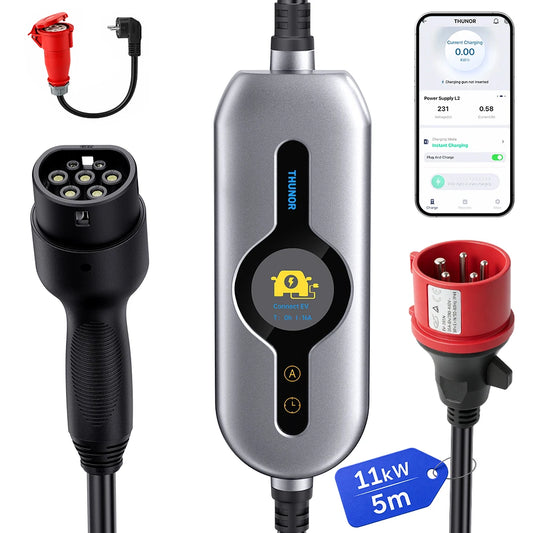 THUNOR Boost Mobile Wallbox EV Charger 11kW 16A Three-Phase IP66 with CEE16 to Type2 Charging Cable 5m for All BEV/PHEV