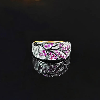 Luxury Silver & Pink Zircon Tree Branch Cocktail Ring