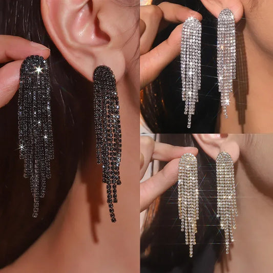 Long Crystal Tassel Drop Earrings for Women