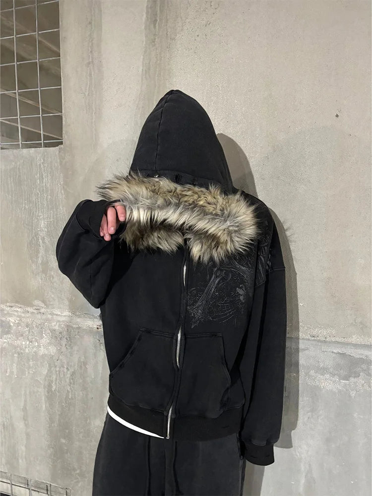 VitaGoth™ Faux Fur Y2K Zip Hoodie