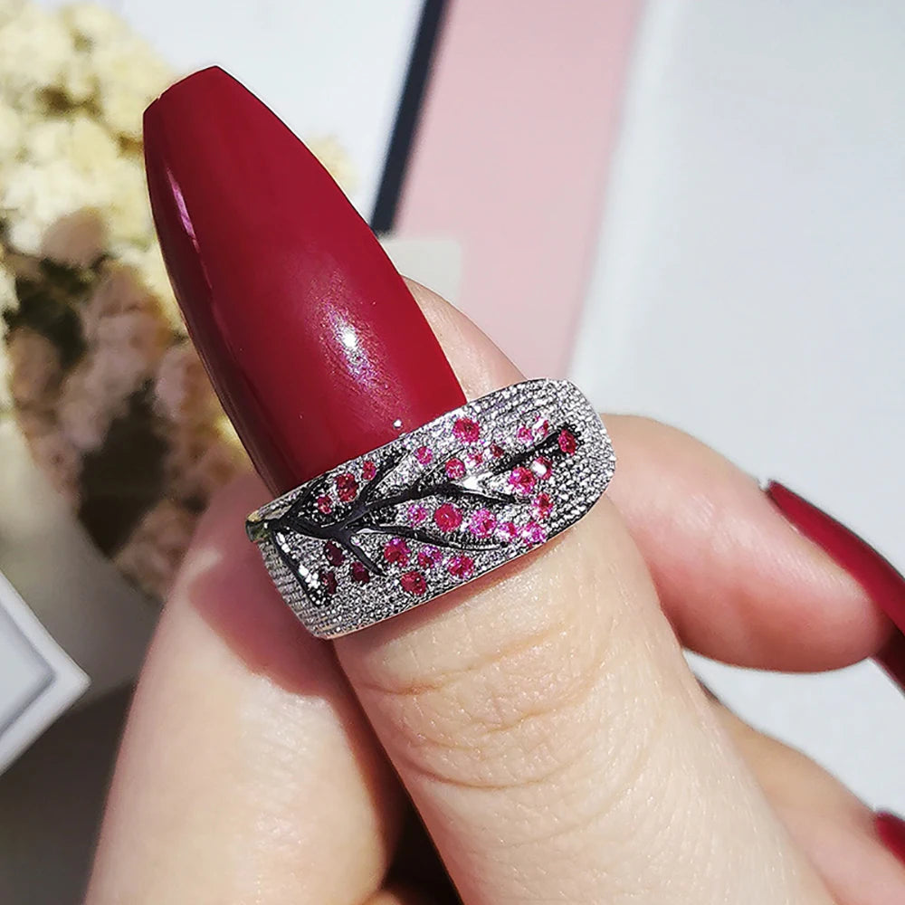 Luxury Silver & Pink Zircon Tree Branch Cocktail Ring