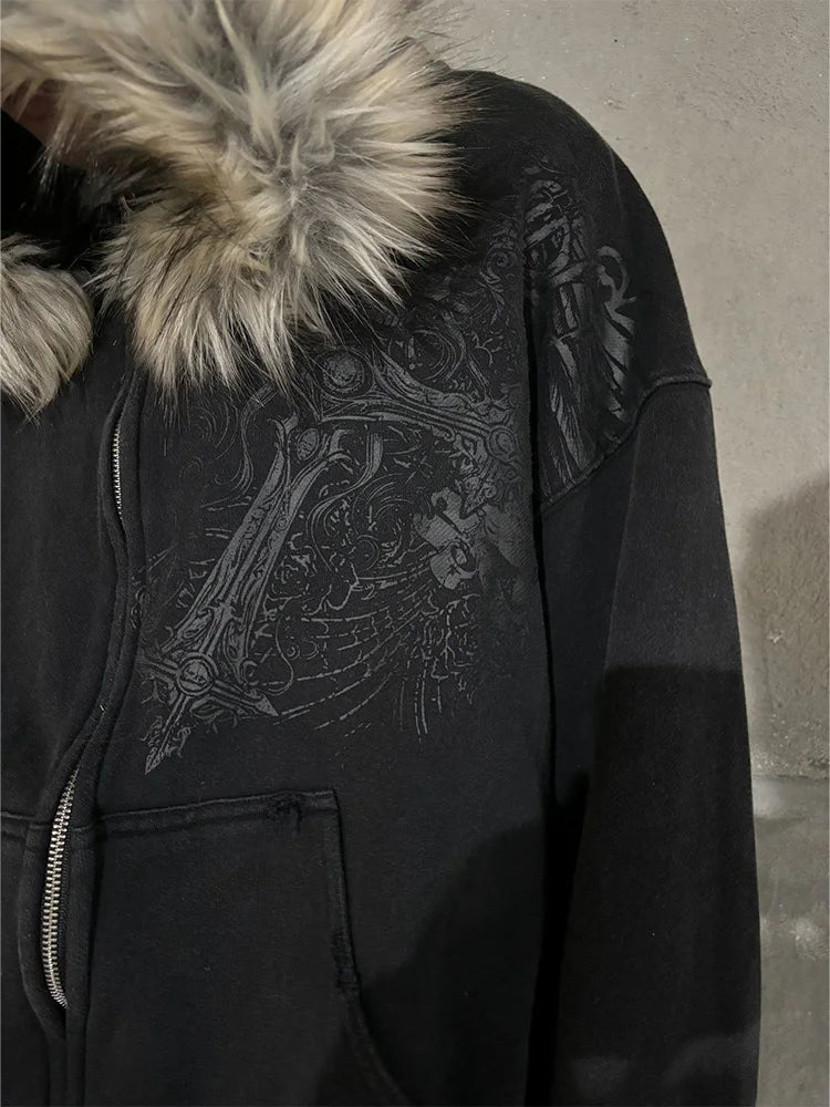 VitaGoth™ Faux Fur Y2K Zip Hoodie