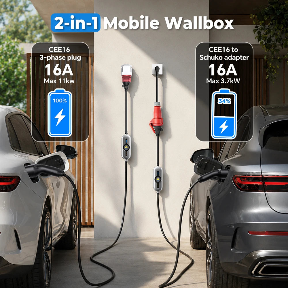 THUNOR Boost Mobile Wallbox EV Charger 11kW 16A Three-Phase IP66 with CEE16 to Type2 Charging Cable 5m for All BEV/PHEV