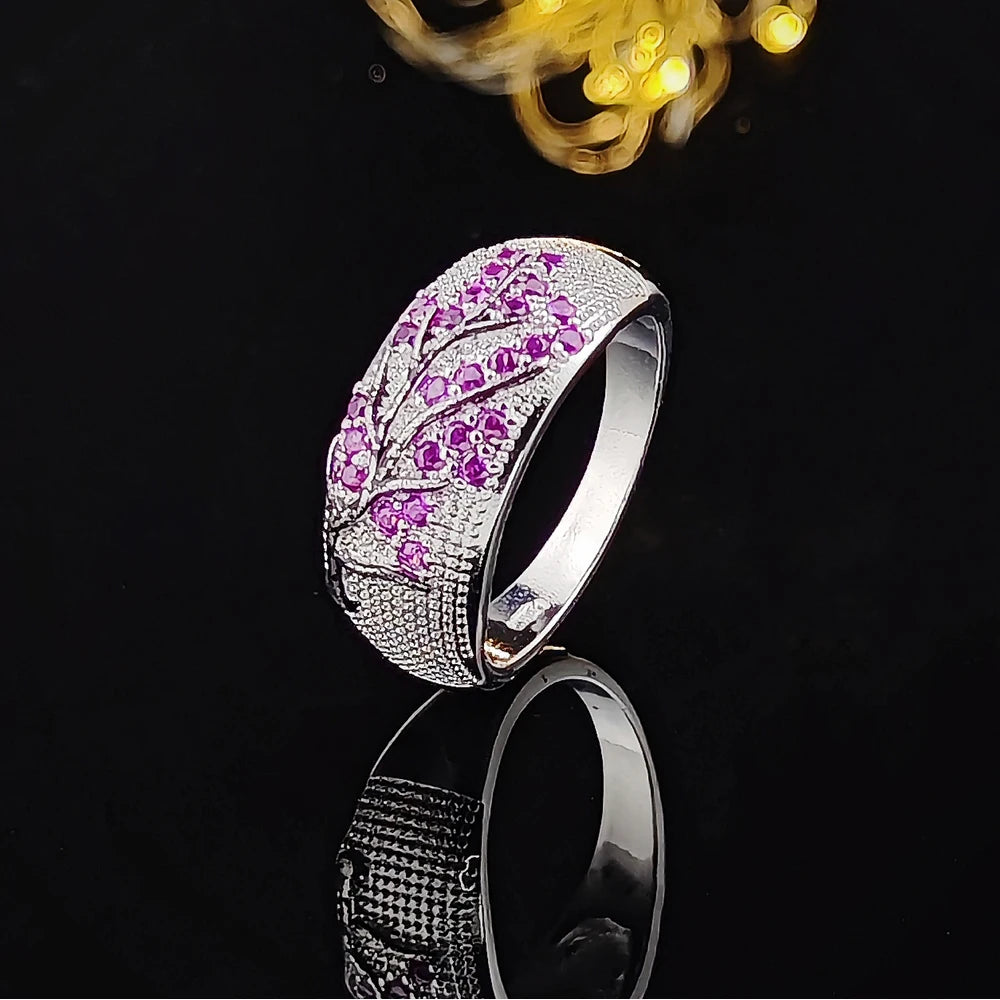 Luxury Silver & Pink Zircon Tree Branch Cocktail Ring