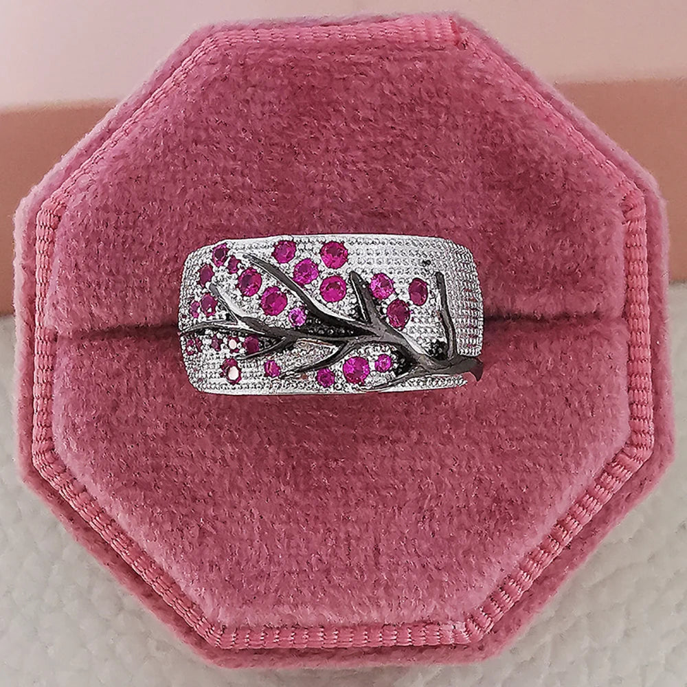 Luxury Silver & Pink Zircon Tree Branch Cocktail Ring