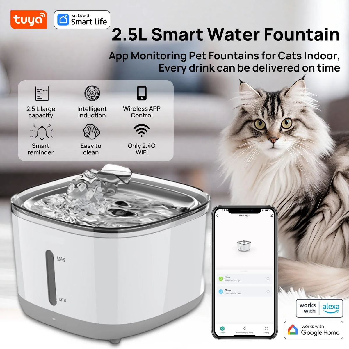 Trinkbrunnen für Haustiere 84 oz, Cat Water Fountain, APP Control