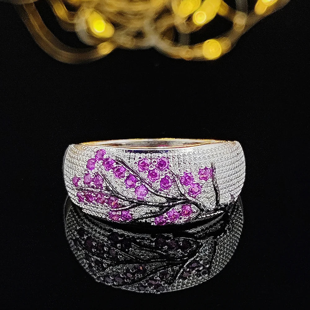 Luxury Silver & Pink Zircon Tree Branch Cocktail Ring