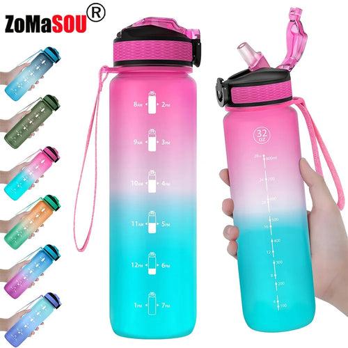 Trinkflasche mit Zeitmarkierung und Strohhalm 1 l