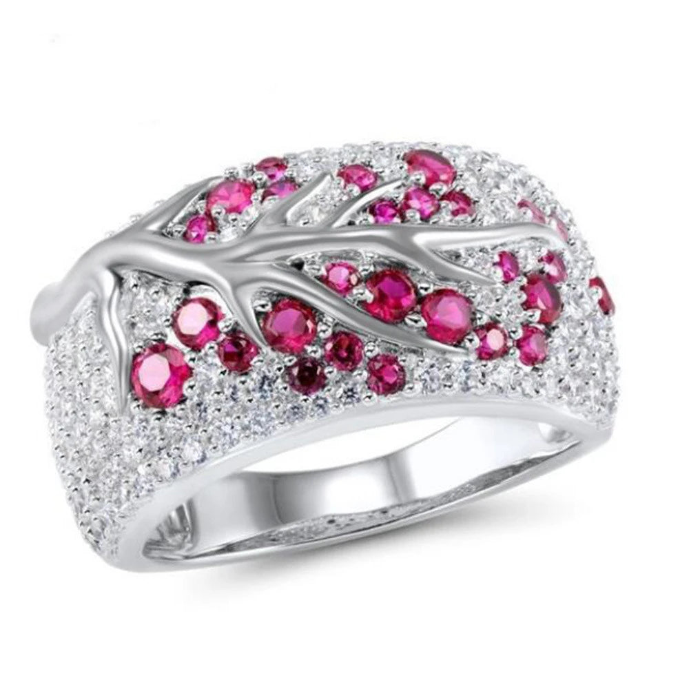 Luxury Silver & Pink Zircon Tree Branch Cocktail Ring