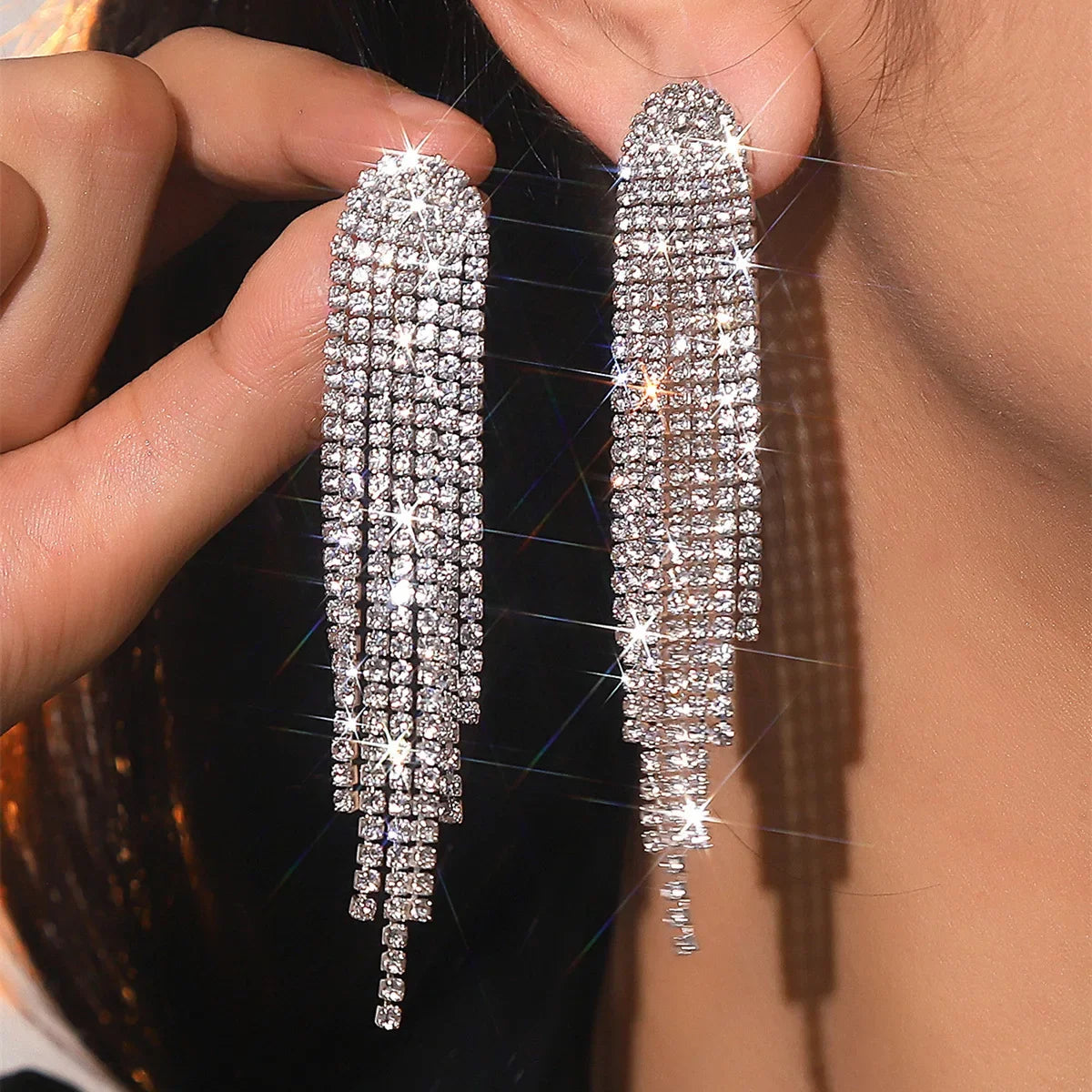 Long Crystal Tassel Drop Earrings for Women